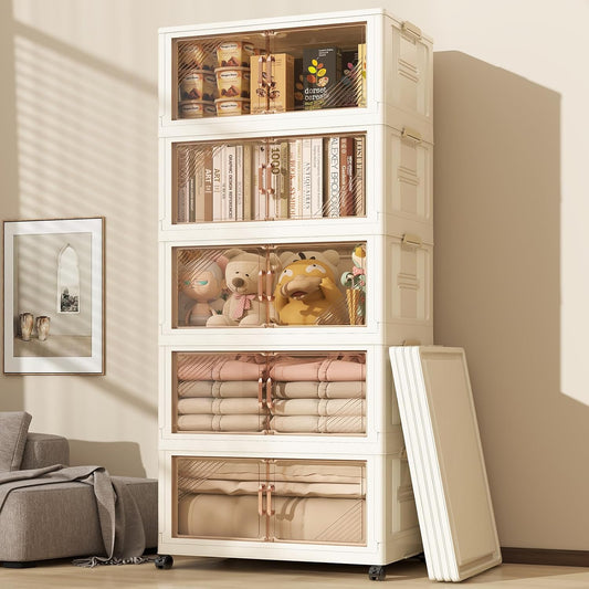 Storage Bins with 5 Lids, 92Qt Extra Large Collapsible Storage Bin with Golden Handles, 5 Packs Stackable Storage Bins with Wheels,Closet Organizers and Storage for Home, Office, Dorms