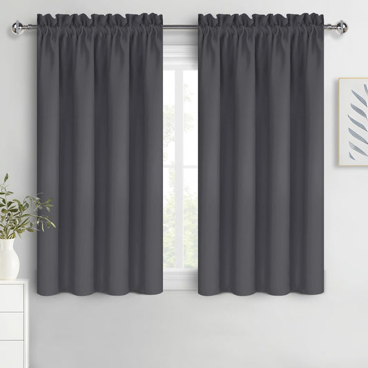DWCN Kitchen Blackout Short Curtains for Bedroom 45 Inch Length 2 Panels Set, Solid Thermal Insulated Energy Saving Rod Pocket Window Treatment Curtains Blackout Draperies (W42 x L45 Inch, Dark Grey)