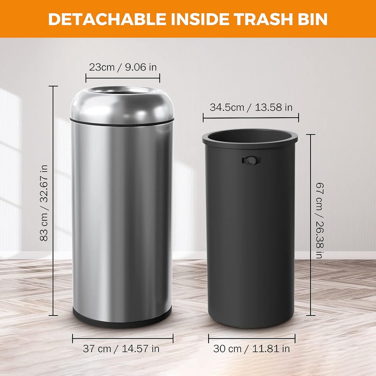 BEAMNOVA 16.5 Gallon Trash Can Black Open Top Outdoor Indoor Commercial Stainless Steel Industrial Waste Basket Container, Metallic Black Large Garbage Enclosure with Lid