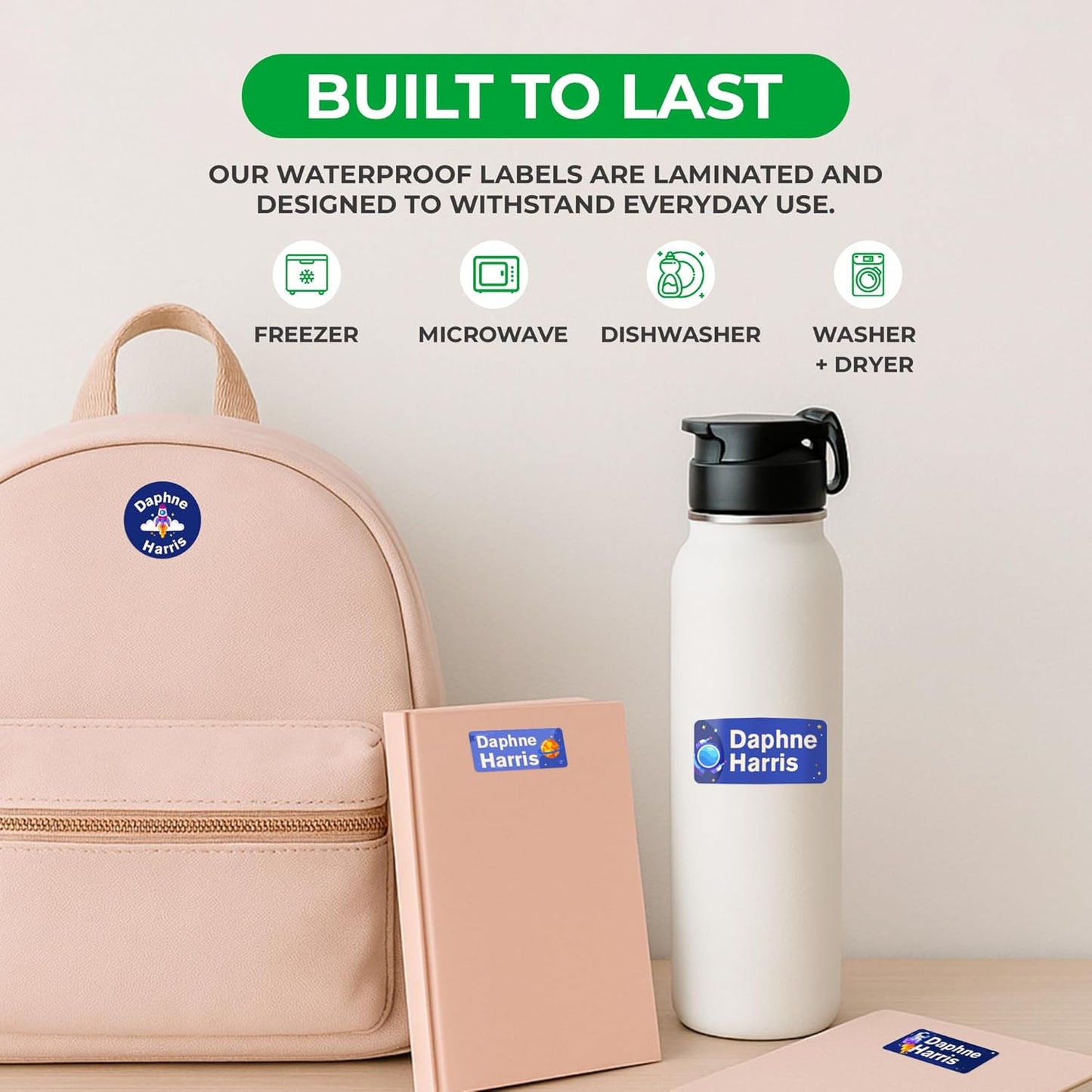 Personalized Name Tag Stickers for Kids (130+ Pack) | Space-Themed Waterproof Labels for School Supplies, Bottles & Lunch Boxes | Custom Vinyl Name Labels for Clothing, Toys & More (B. Space)