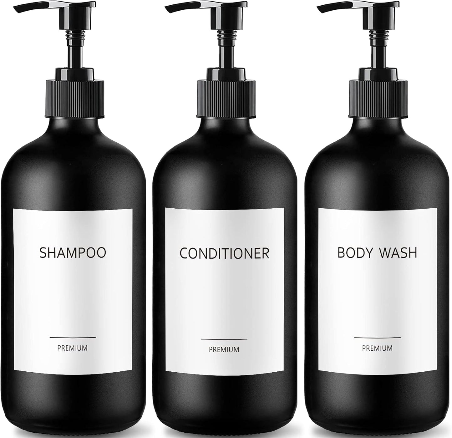 GMISUN Black Shampoo and Conditioner Dispenser, Shower Soap Dispenser Bottles with Labels, Refillable Shampoo Conditioner Body Wash Dispensers, Glass Soap Pump Dispenser Set for Bathroom Shower