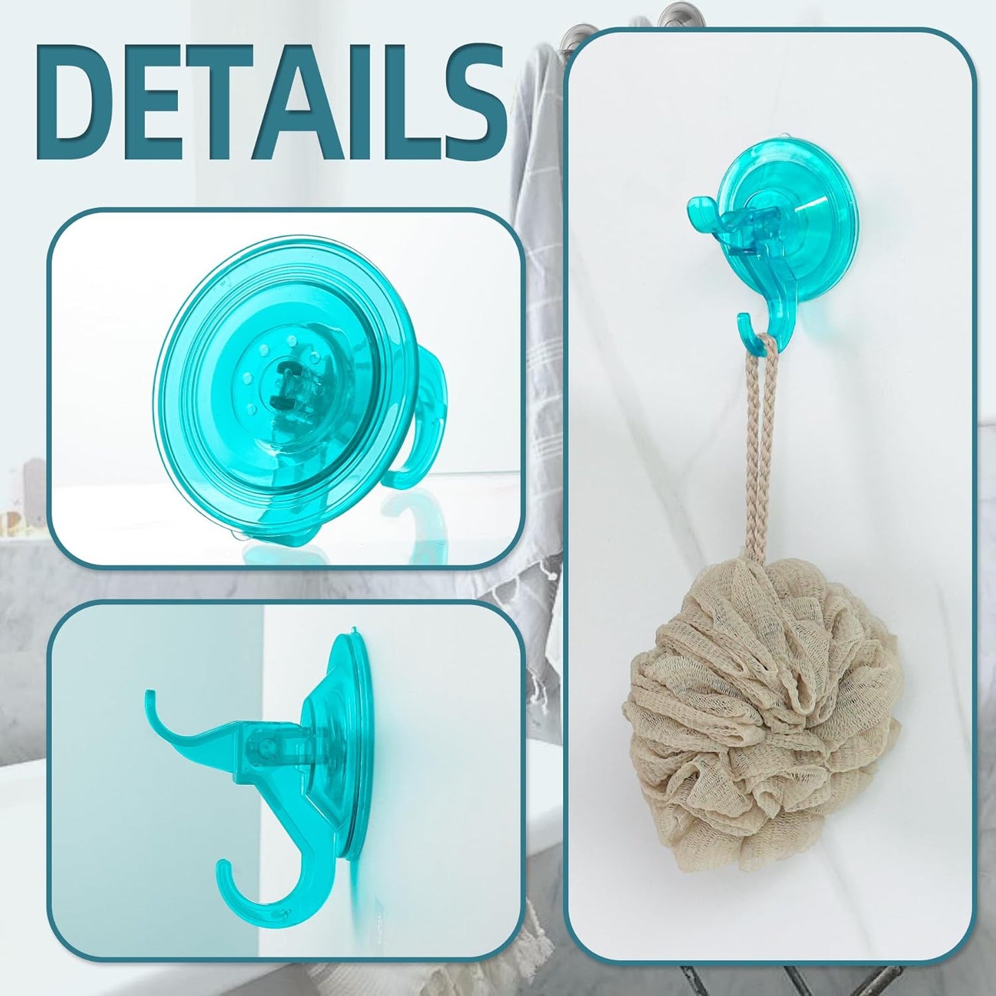 Antimbee Suction Cup Hooks,10 Pack Clear Shower Suction Hooks, Heavy Duty Vacuum Suction Cups, Removable Reusable Bathroom Suction Hook for Window, Tile Wall, Glass Door (Transparent Cyan)