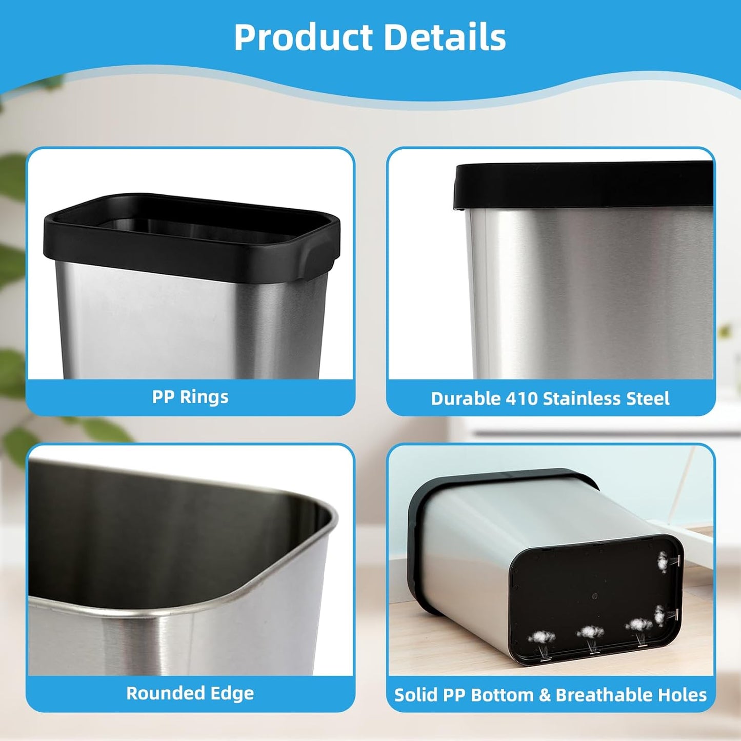 2 Pack Stainless Steel Trash Can 2 Gallon, Open Top Trash Can, 7" x 10" x 11", Rectangle Rubbish Bin, Slim and Narrow, No Lid Small Wastebasketfor Kitchen, Bathroom, Living Room, Office