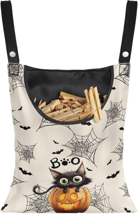 Cute Cat Space-Saving Laundry Clothespin Bag Pumpkin Waterproof Polyester Material, 2 Rope for Hanging and Effortlessly Sliding on The Clothesline Clothespin Holder for Outdoor