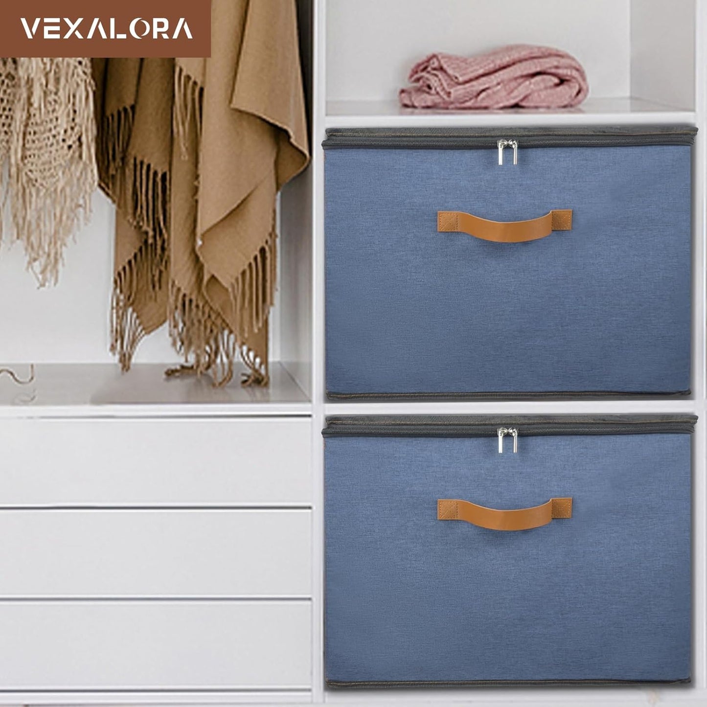 Shoe Organizer for Closet, 2 Pack Shoe Storage Bins with Clear Cover, Adjustable Dividers Fits 16-32 Pairs ShoeBoxes, Organizador de Zapatos, Navy Blue