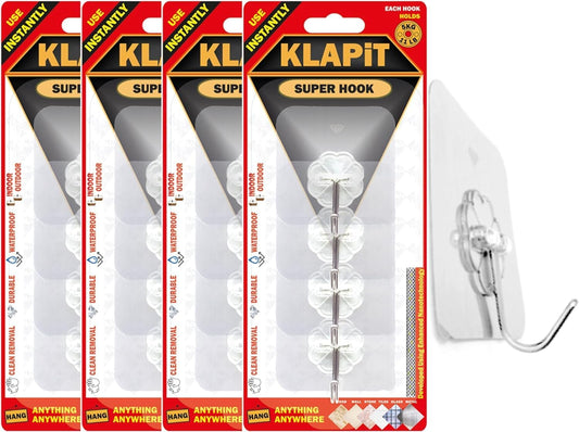 KLAPiT Super Hook - Heavy-Duty Adhesive Clear Wall Hooks, Holds Up to 11 lbs, Waterproof, No Damage, Easy Install on Tile, Wood, Stone, Glass & Metal - Made of Steel (Clear, 16pc)