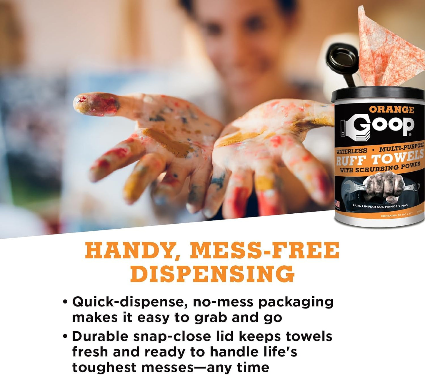 GOOP Orange Heavy Duty Ruff Towels with Scrubbing Power, 10” x 12” Dual Textured Multi-Purpose Cleaning Wipes, Removes Dirt, Grease, Oil, 72 Count (Pack of 2)