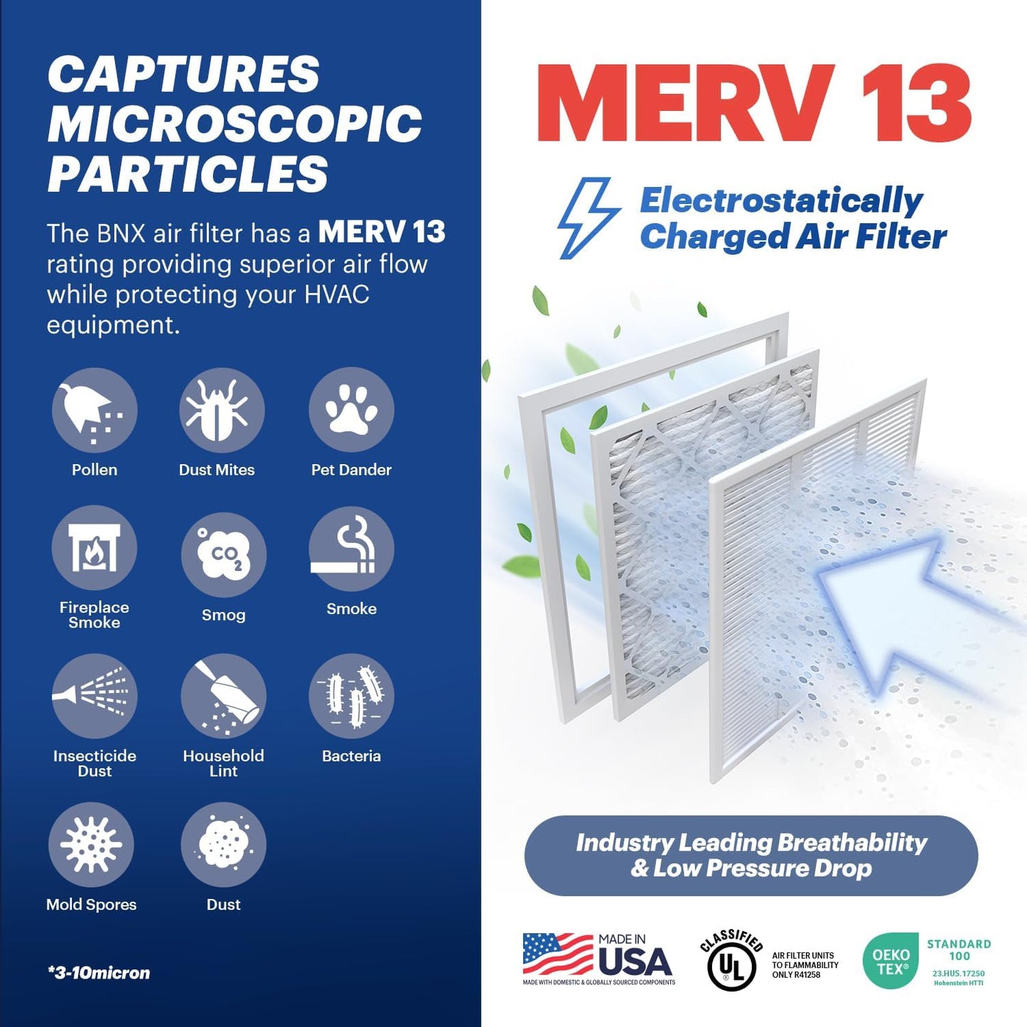 BNX TruFilter 12x30x1 Air Filter MERV 13 (4-Pack) - MADE IN USA - Electrostatic Pleated Air Conditioner HVAC AC Furnace Filters for Allergies, Pollen, Mold, Bacteria, Smoke, Allergen, MPR 1900 FPR 10