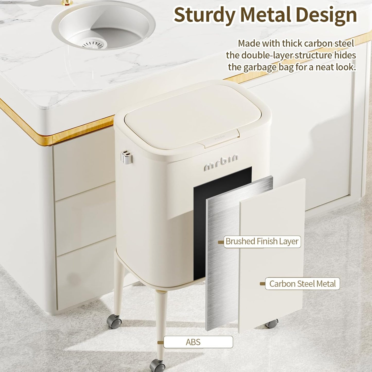 MRBIN Metal Kitchen Trash Can with Wheel Legs, 36L / 9.5gal Medium Press Lid Slim Removable Waste Basket, Pet Proof Tall Narrow Garbage Pail for Vanity, Bedroom, Bathroom, Living Room, Water Lily