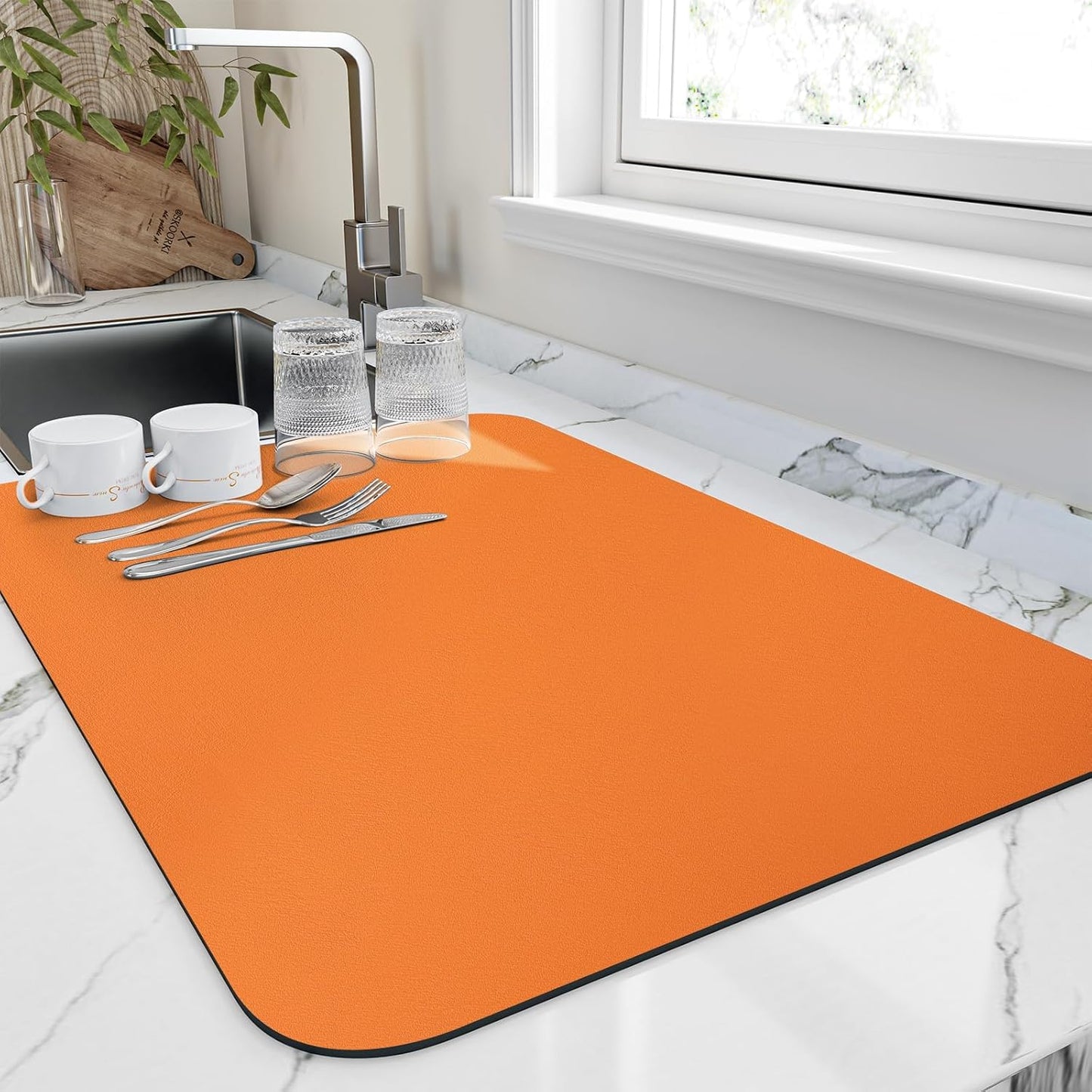 Dish Drying Mat for Kitchen Counter, Heat Resistant Drainer Mats with Non-slip Rubber Backed, Hide Stain Kitchen Super Absorbent Draining Mat, Easy to Clean Dish Rack Pad, Orange 18"x28"