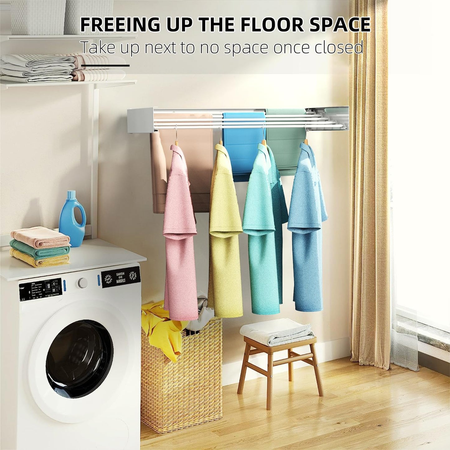 Laundry Drying Rack, Collapsible Wall Mounted Clothes Drying Rack - Foldable,Space Saving, 13.2 Linear Ft, 5 Aluminum Rods, 60 lb Capacity (White, 23.6")