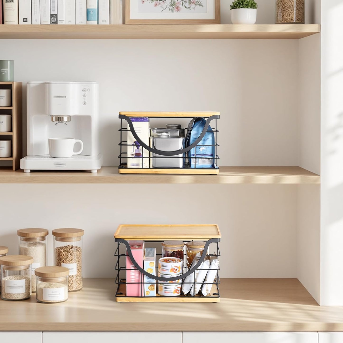 Extra Large Trash Bag Holder Stackable Kitchen Storage, 2 Pack Wall Mounted Pantry Organizers and Storage with Bamboo Top, Garbage Bag Dispenser Under Sink for Laundry Room and Kitchen