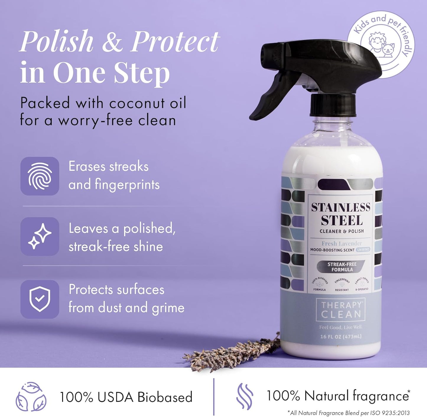 Therapy Stainless Steel Cleaner and Polish 100% USDA Biobased, Fingerprint and Residue Remover, Lavender Essential Oil Scent, Sink Cleaner, Grill Spray