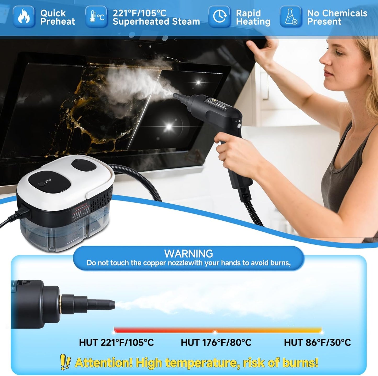 Steam Cleaner, 3-Level Adjustable Handle, 1500W Steam Cleaner for Home, 15s Heat-Up, Portable Steamer for Cleaning Car, 47.04oz Tank, 16 Pcs Accessories for Dirt, Grout, Couch, Furniture, Grease,Tile