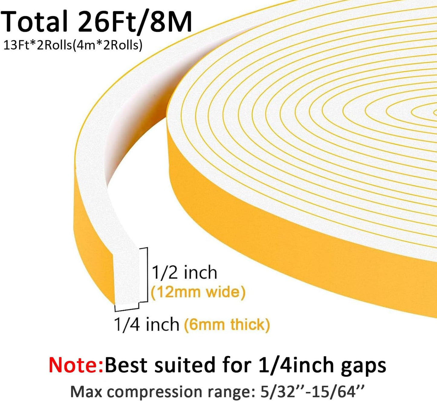 Strong Adhesive Weather Stripping, High Density Weatherproof Weather Stripping Door Seal Strip for Sliding Door, Windows,Noise-Reduction Foam Sealing Strip, White(1/2 in x 1/4 in x 26Ft)