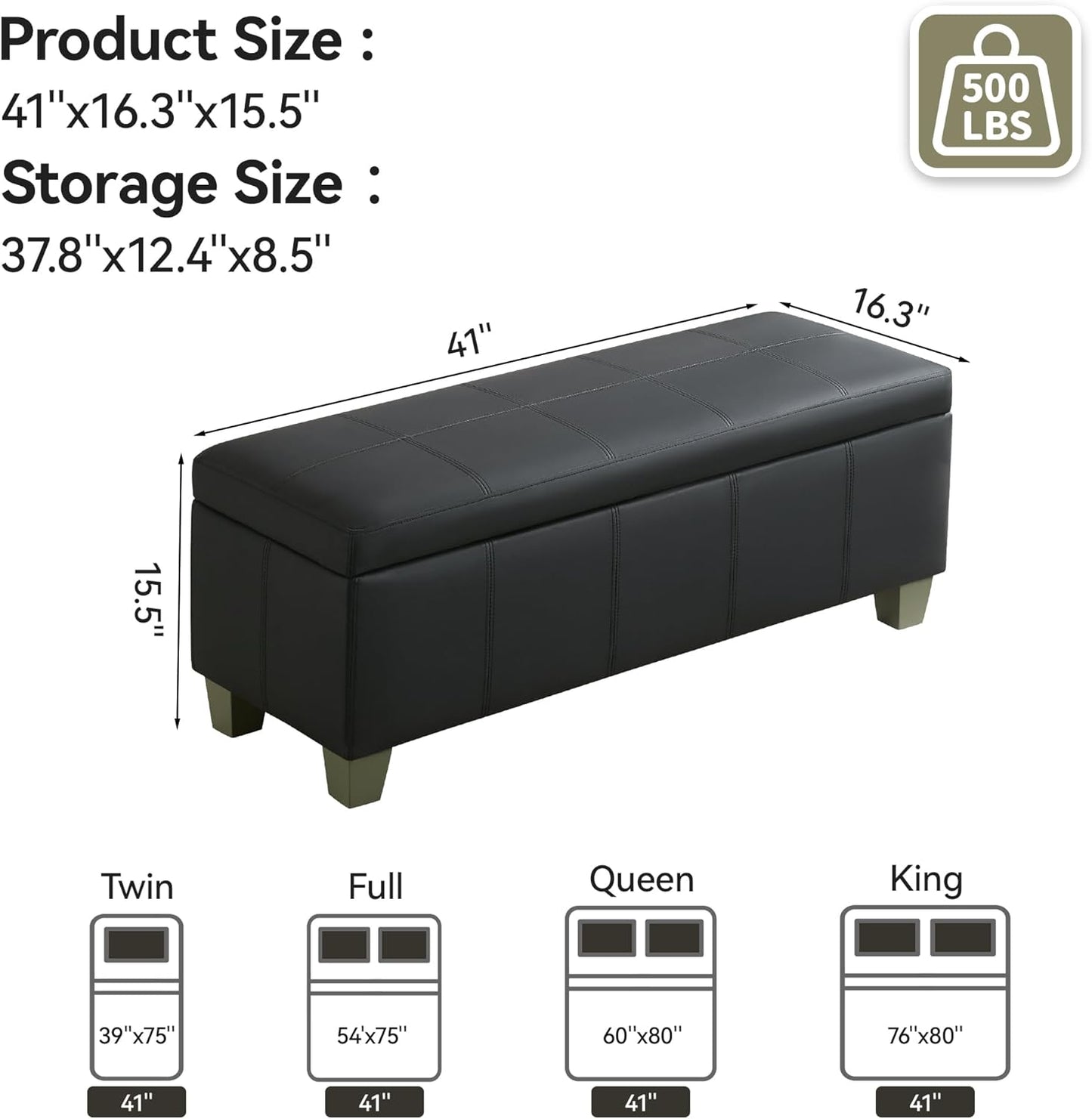 41" Faux Leather Storage Ottoman, Stitch Tufted Rectangle Upholstered End of Bed Storage Bench, Entryway Large Couch Ottoman with Wooden Legs, Dark Black