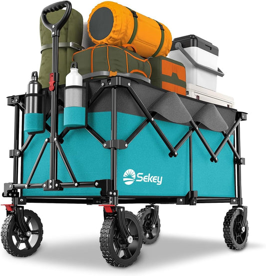 Sekey 220L Collapsible Foldable Wagon with 330lbs Weight Capacity, Heavy Duty Folding Wagon Cart with Big All-Terrain Wheels & Drink Holders (Turquoise)