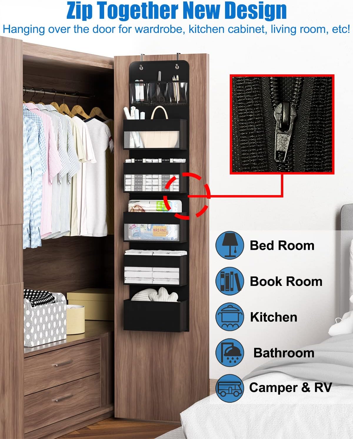Over Door Organizer, 6 Shelf Camper Storage for RV Bathroom, Behind The Door Storage, Hanging Organizers for Toy Diaper Bedroom Closet (Black)