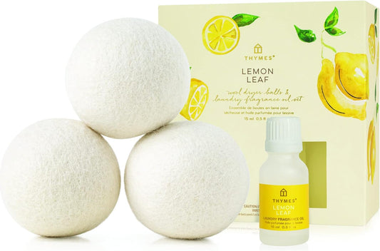 Thymes Wool Dryer Balls Set – Includes 3 Wool Laundry Balls + 1 Scented Laundry Fragrance Oil for Dryer – Eliminate Wrinkles, Static & Lint (Lemon Leaf, 0.5 fl oz)