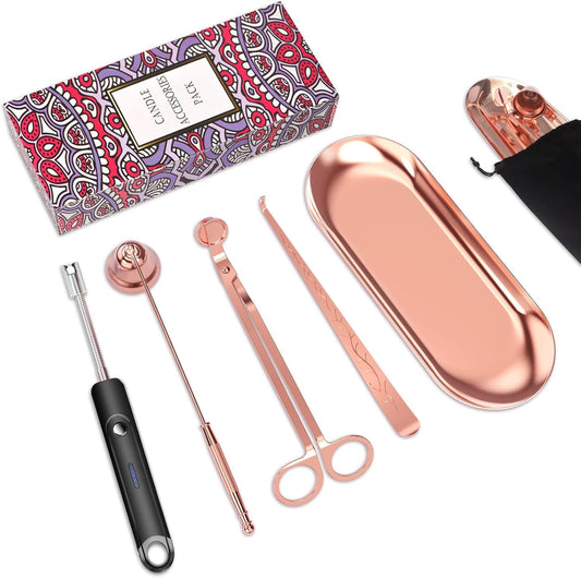 Lsnisni 5Pcs Accessory Set With Rechargeable Electric Lighter, Storage Tray, Wick Trimmer, Snuffer, Dipper, Stainless Steel Care Kit Gift Package for Candle Lover Rose Gold