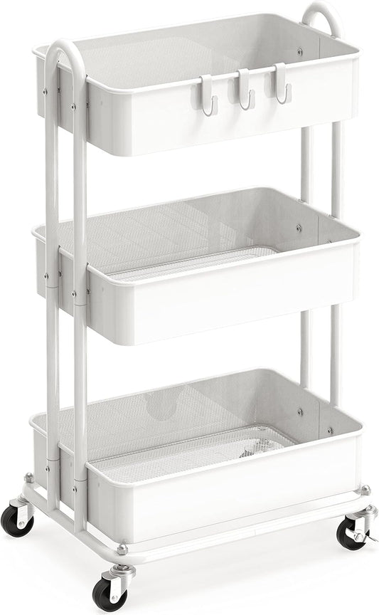 Simple Houseware 3-Tier Heavy Duty Metal Utility Rolling Cart, White