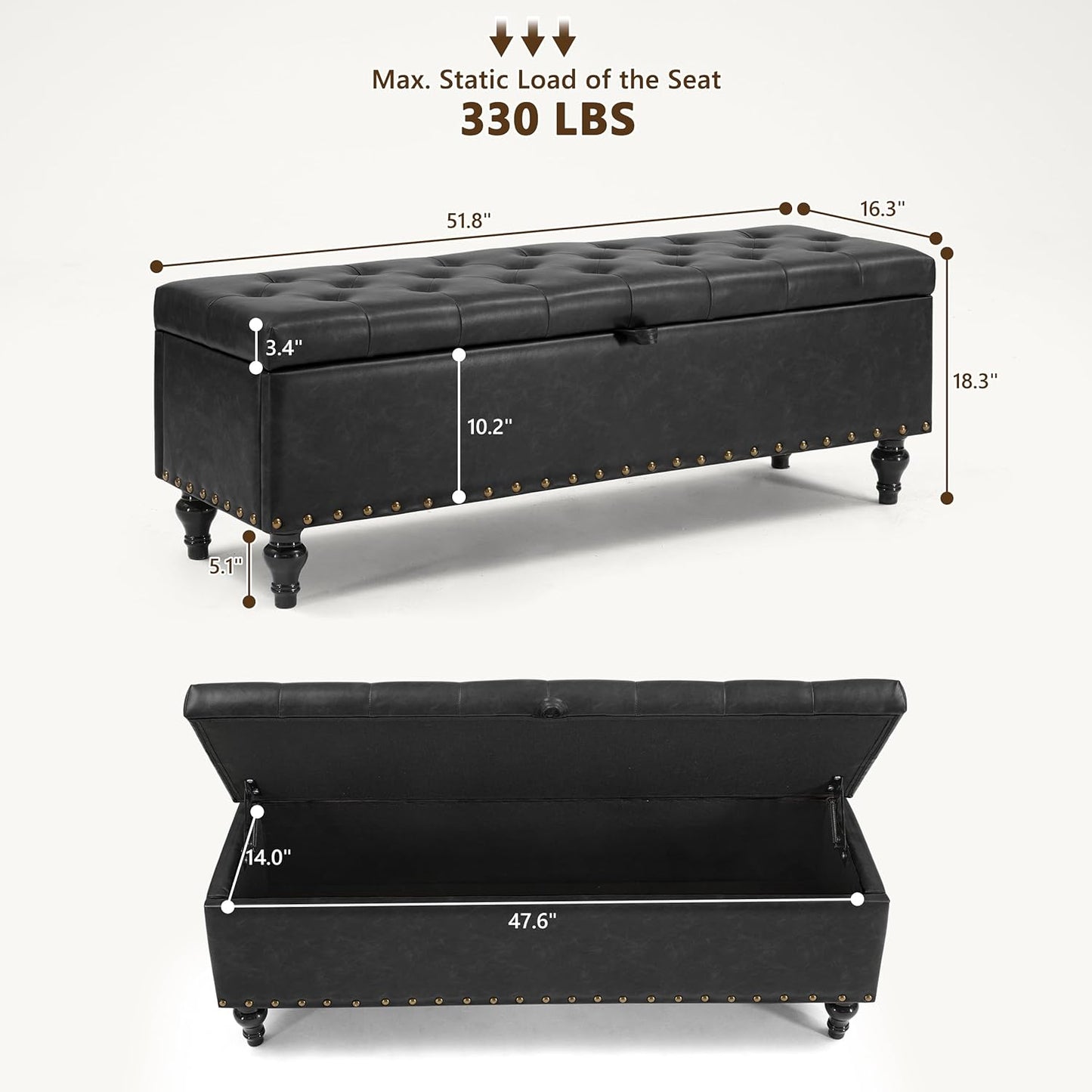 50" Storage Ottoman Bench, Tufted Ottoman with Storage for Living Room, Large End of Bed Ottomans, Modern Entryway Benchs, Window & Bedroom Benches for Foot of Bed (Black)