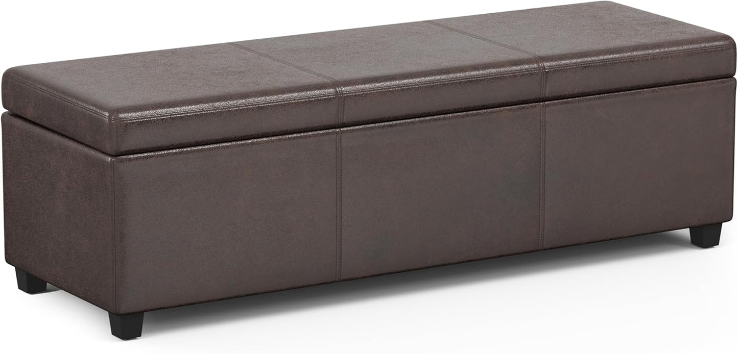 SIMPLIHOME Avalon 54 inch Wide Contemporary Rectangle Extra Large Storage Ottoman Bench in Distressed Brown Vegan Faux Leather, Assembled, for The Living Room, Entryway and Family Room