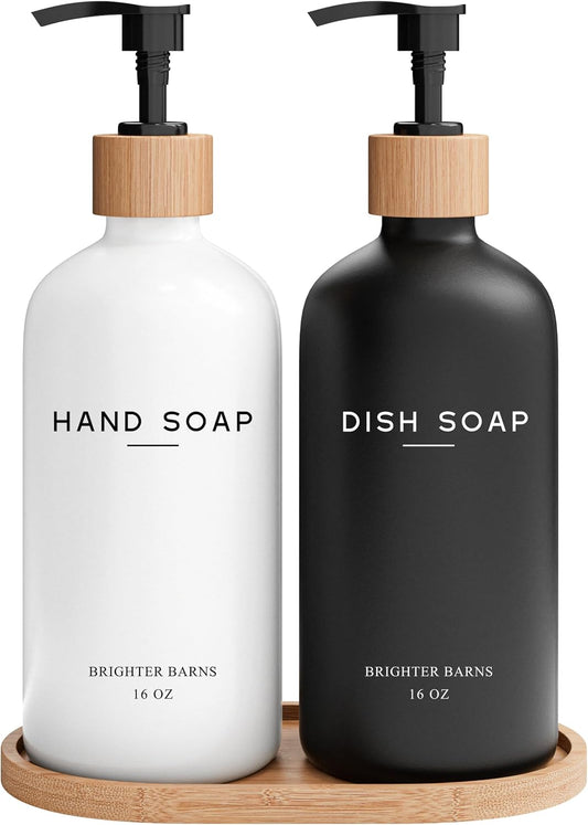 Luxury Glass Hand and Dish Soap Dispenser Set by Brighter Barns - Kitchen Soap Dispenser Set with Tray - Bamboo Pump Bottle for Kitchen Sink - Boho Home Decor, Modern Decor in Restaurant (Black/White)
