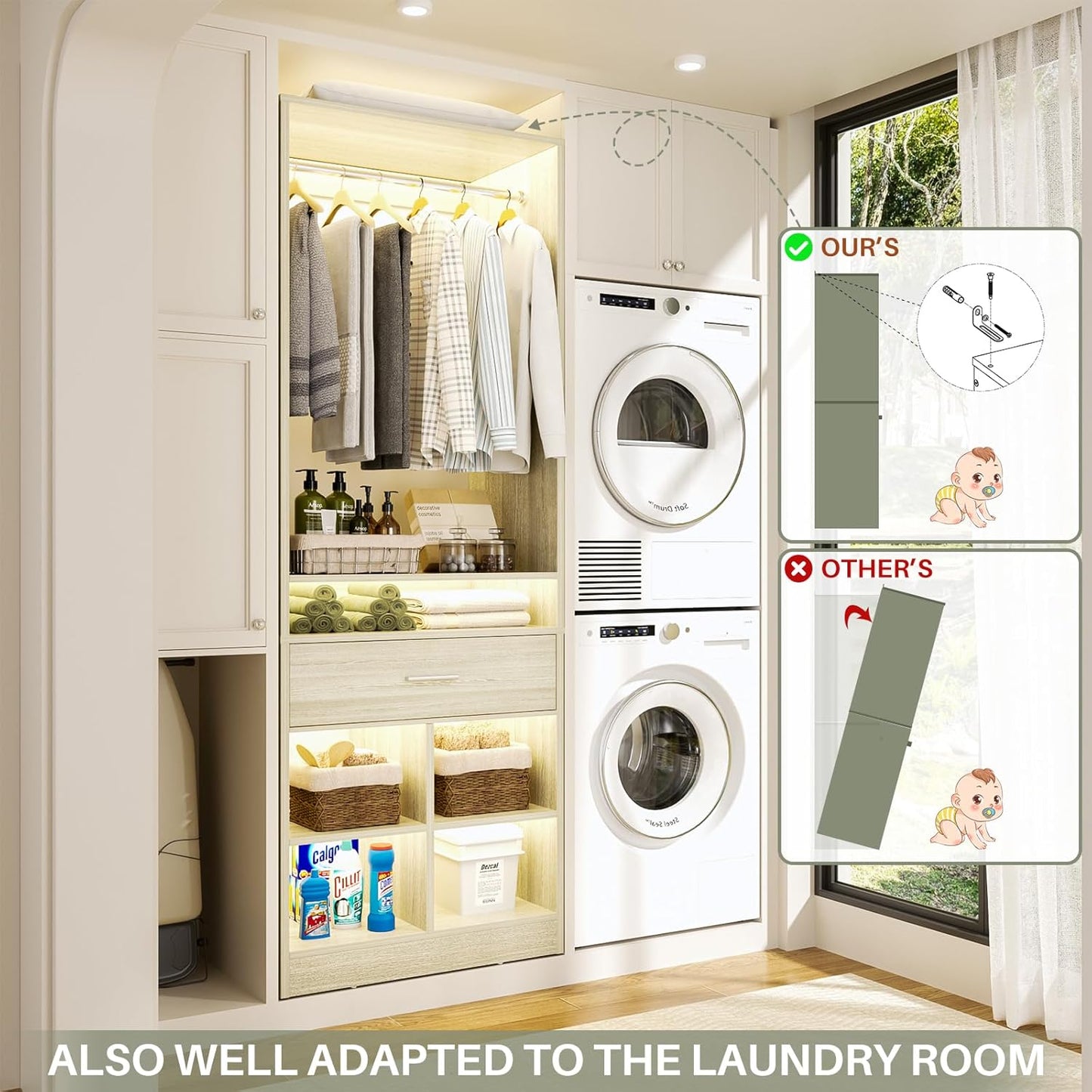 Unikito Freestanding Closet System with Wood Drawer and 4 Cubby Storage, Closet Organizer with Hanging Rods & Shelves, 25‘’W X 80'' H Clothes Garment Rack, Walk in Closet Tower Wardrobe, White Oak