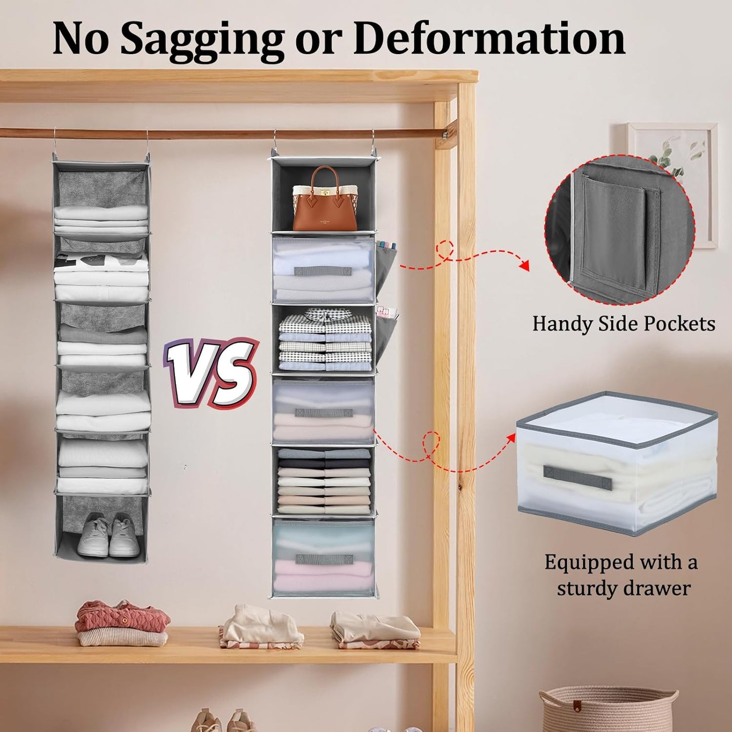 6-Tier Hanging Closet Organizer with Drawers and Side Pockets – Versatile Closet Storage for Shoes, Hats, Belts, and Purses