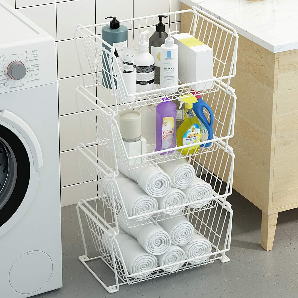 PUSDON Stackable Metal Storage Carts, Dual Use Shelf for Kitchen Fruit Vegetable Baskets with Wheels, Storage Rack for Living Room, Home & Office, Plus White 4 Tiers