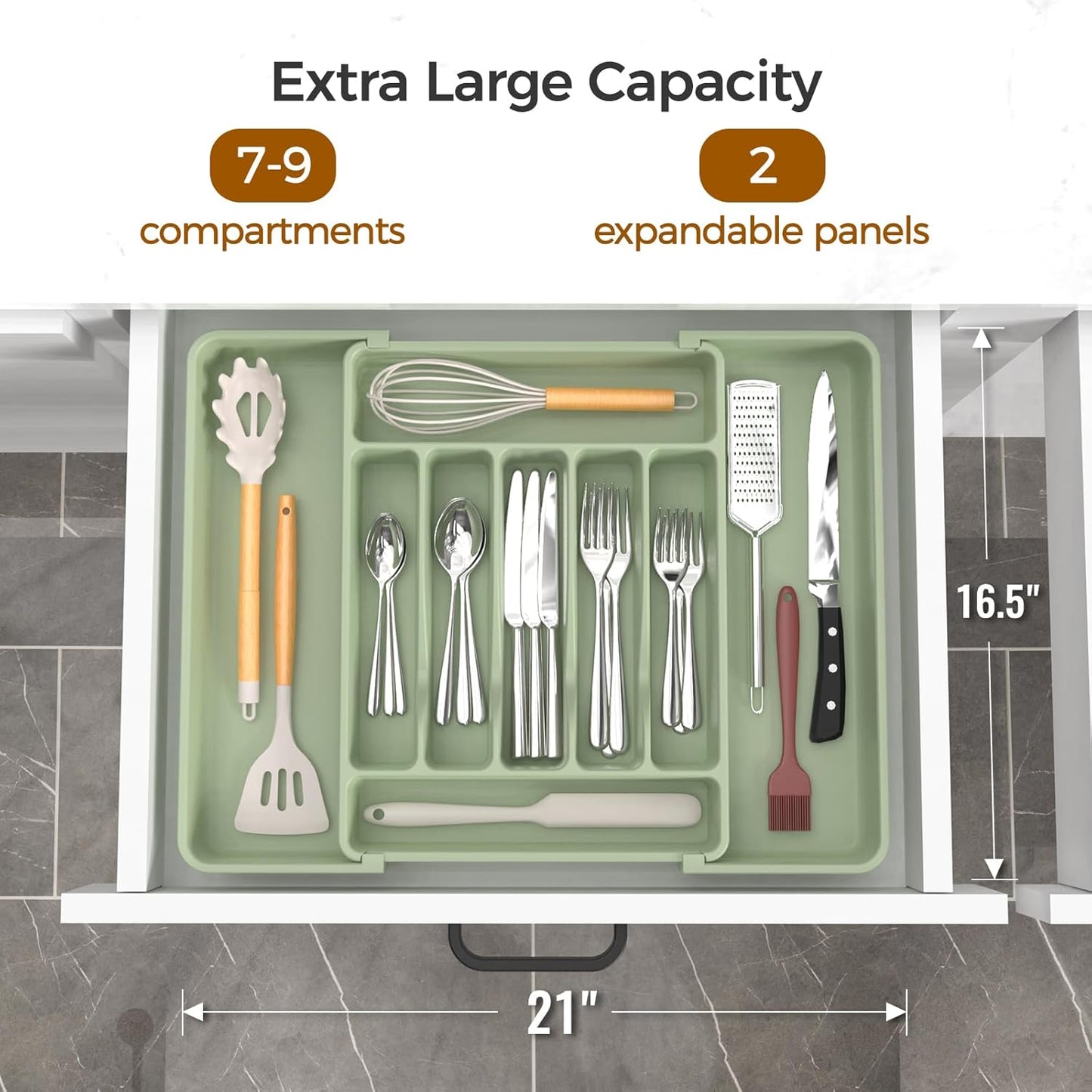 Extra Large Expandable Silverware Organizer, BPA-Free Food-Safe Cutlery Flatware Organizer, Kitchen Utensil Drawer Organizer, Adjustable Silverware Holder for Spoons Forks Knives, Green