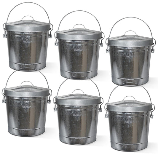 Plexon 6 Gallon Outdoor Trash Can with Lid Galvanized Metal Bucket with Locking Lid for Poultry Feed Bird Seed Storage Ash Small Garbage Can, 6 Pack
