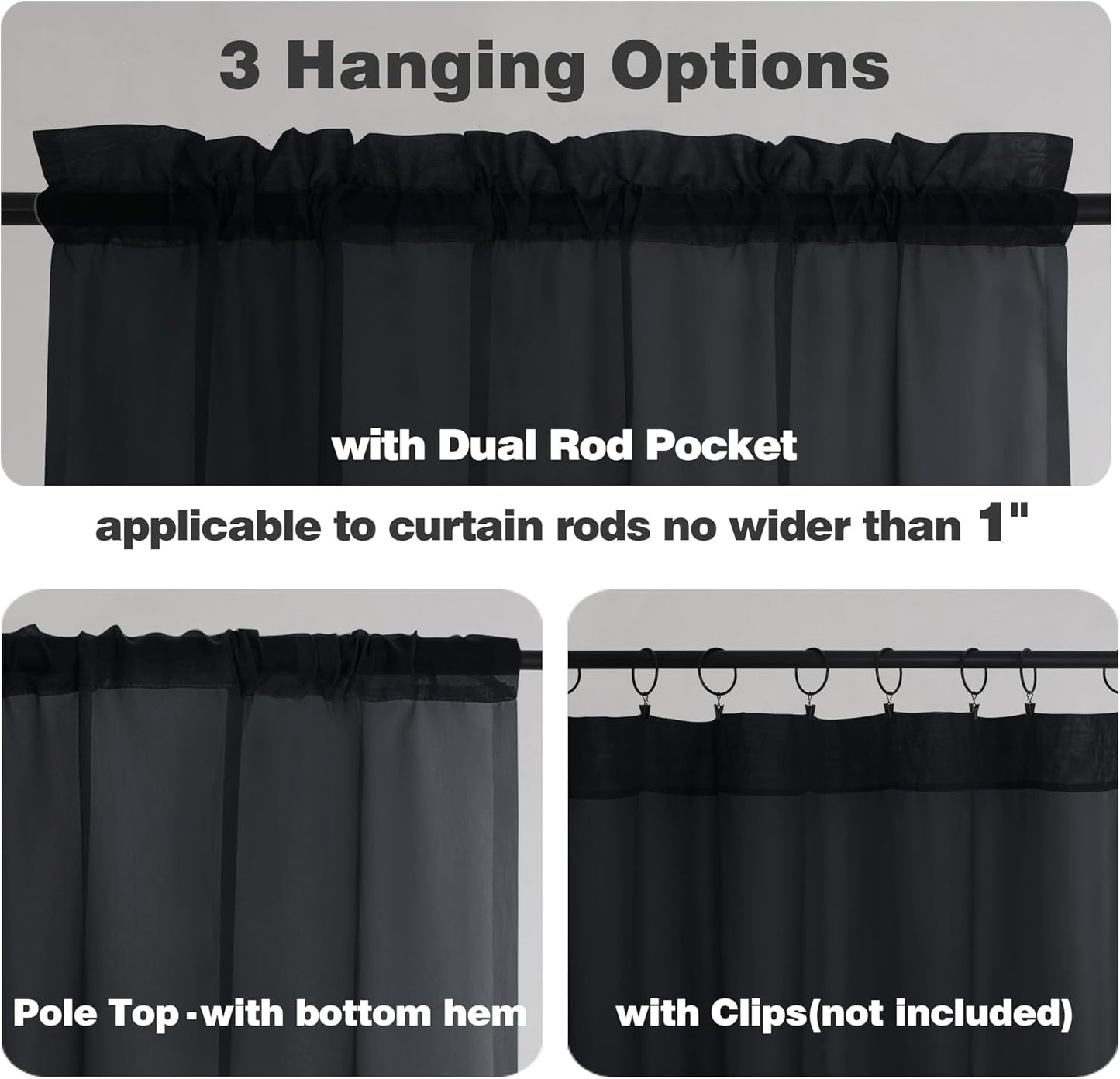 Chyhomenyc Black Sheer Curtain 72 Inches Length 2 Panels, Voile Top Dual Rod Pockets Light Filtering Airy Window Treatment Drapes for Living Room/Bedroom, Each 42Wx72L