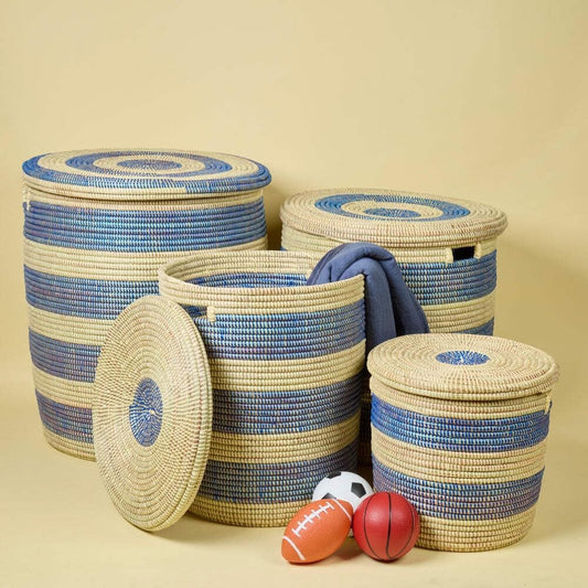 Storage & Organization - Laundry Basket, Bedroom Hamper, Nursery Toys Bin, Living Room Blankets Storage, Decorative, Wicker, Sturdy, Round, Handles, Woven, Blue Beige (4pc Set)