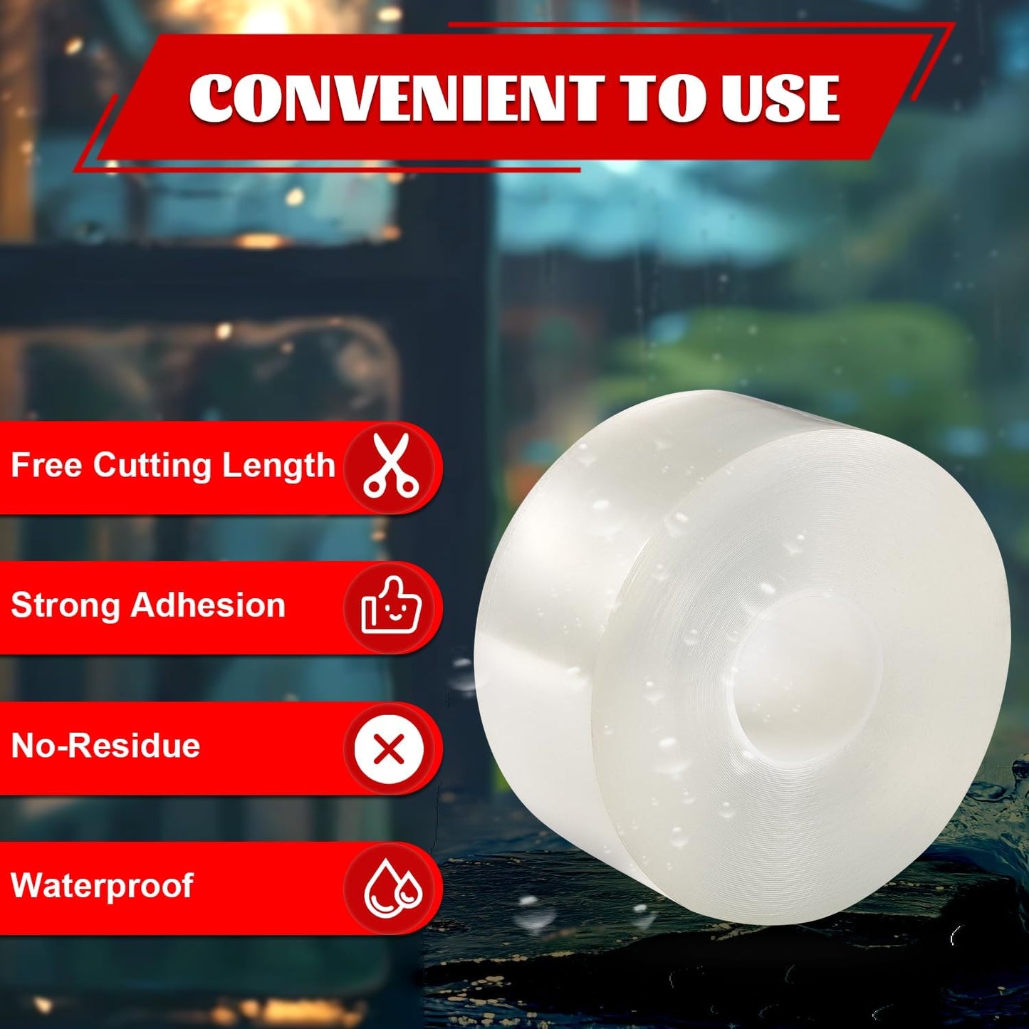 Transparent Window Weather Sealing Tape 2 Inch x 66 FT Weather Stripping Residue-Free Clear Window Insulation Caulk for Shower Glass Gaps and Clear Tape Doors Windows Windproof