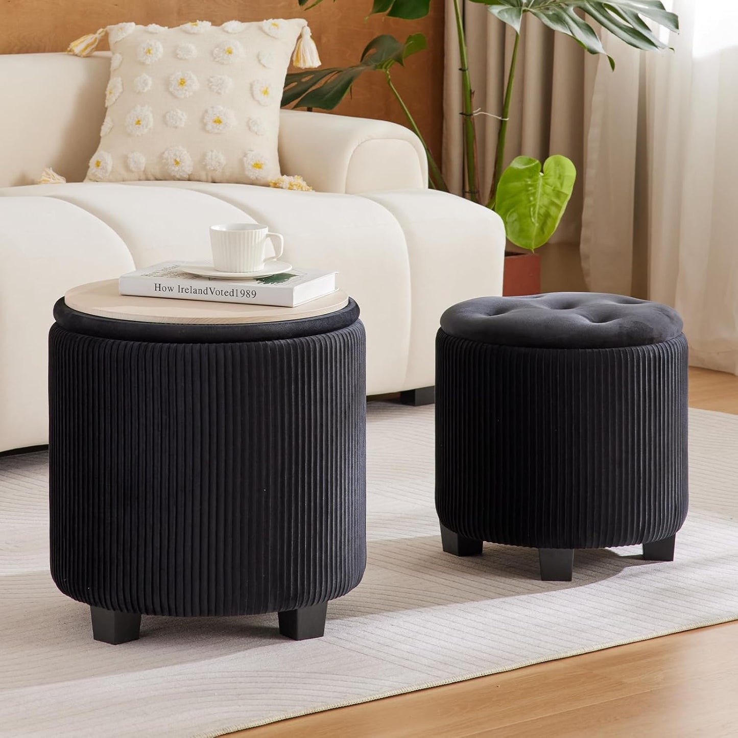 Big Round Ottoman with Storage Set of 2,Upholstered Velvet Vanity Stool for Makeup Multifunctional Foot Rest Coffee Table Padded Seat Tufted Ottomans for Living Room&Bedroom (Black)