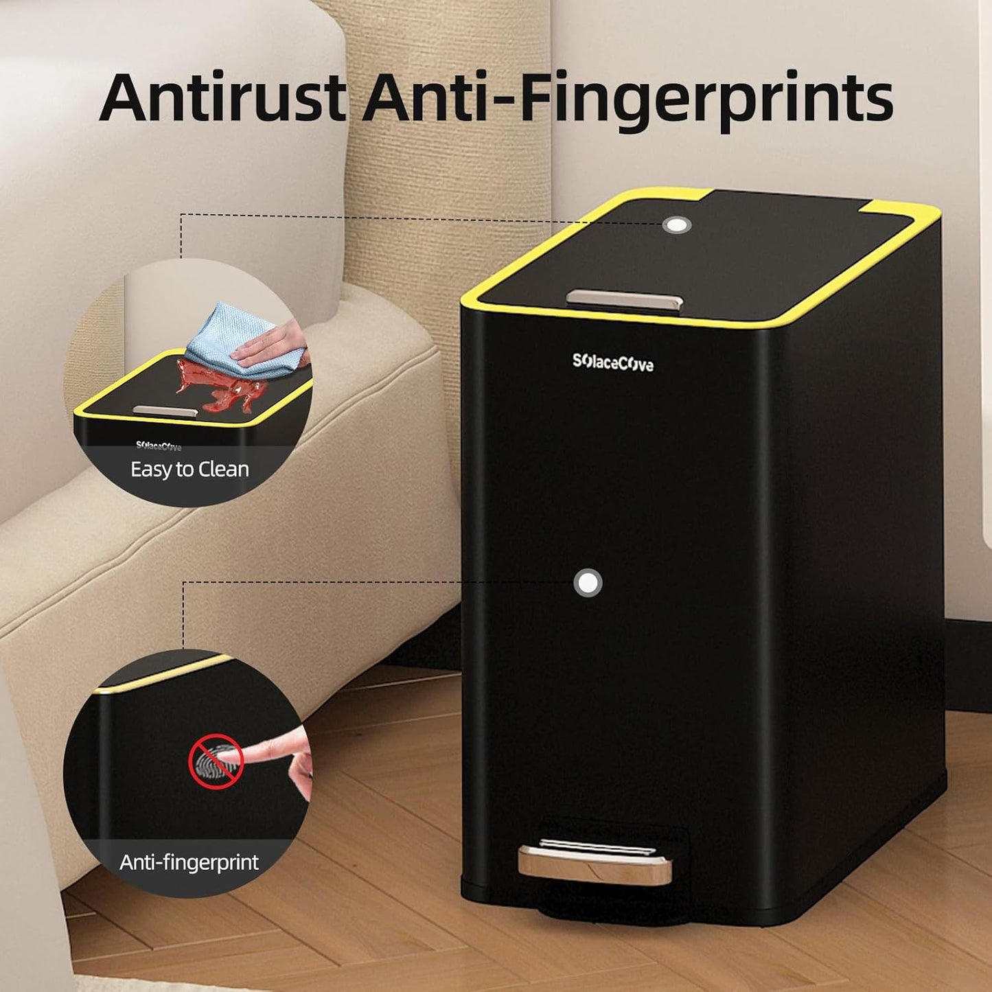 Bathroom Trash Can with Lid,2.6Gal Stainless Steel Office Trash Can,Small Garbage Can with Removable Inner Bucket for Kitchen,Office,Bedroom(Black)