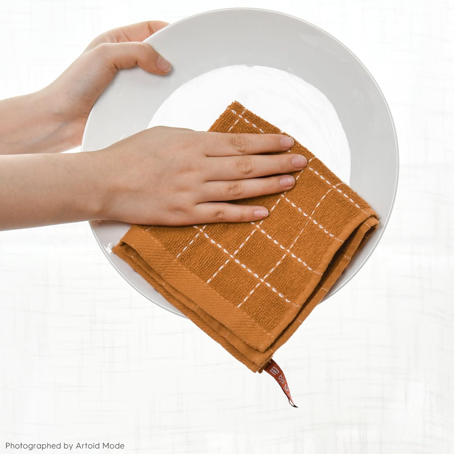 Artoid Mode Checkered Designed Cotton Beige Caramel Terry Kitchen Dish Cloths, 12x12 Inch Soft Absorbent Quick Drying Cleaning Kitchen Rags Set of 6