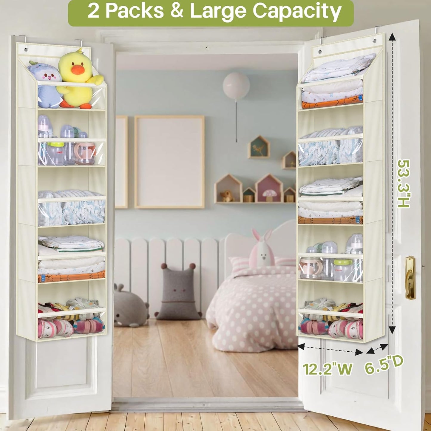 AOODA 2 Pack Over the Door Organizer, Large Capacity Closet Door Hanging Organizer, Clear Deep Pockets Baby Storage for Nursery, Bathroom, Bedroom, Pantry, Diapers (Light Yellow)