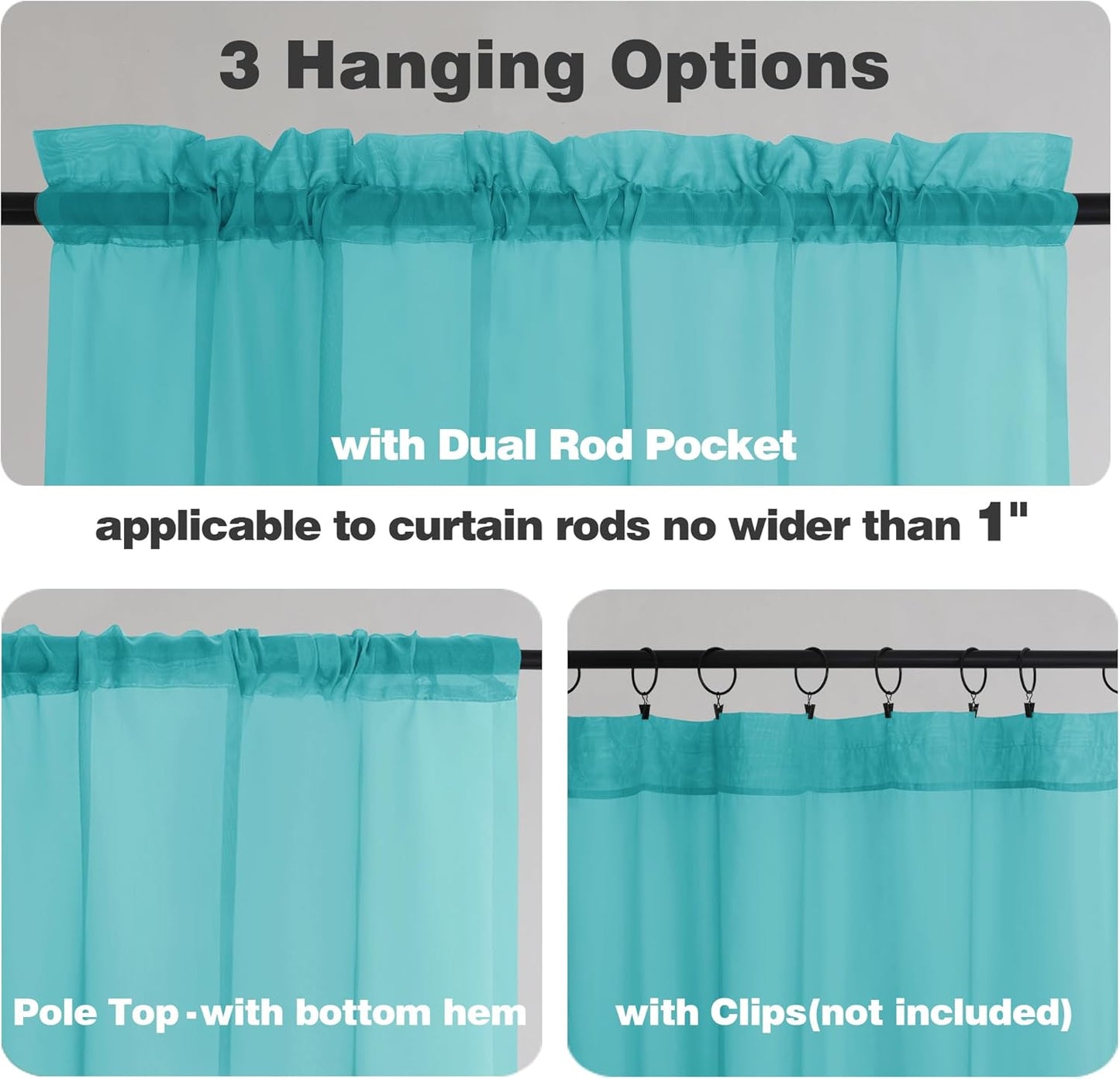 Chyhomenyc Sheer Turquoise Tier Curtains 24 Inch Length, Small Window Curtains Treatment for Bathroom Living Room Basement, Short Rod Pocket Cafe Curtain, 42W x 24L Inches, 2 Panels