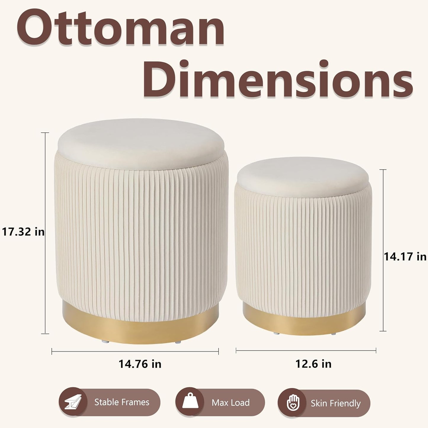 Royal Windsor Round Ottoman with Storage Set of 2, Vanity Stool with Storage for Bedroom, Ottoman Coffee Table Gold-Tone Ring Around The Base, Small Velvet Foot Stool for Living Room, Beige