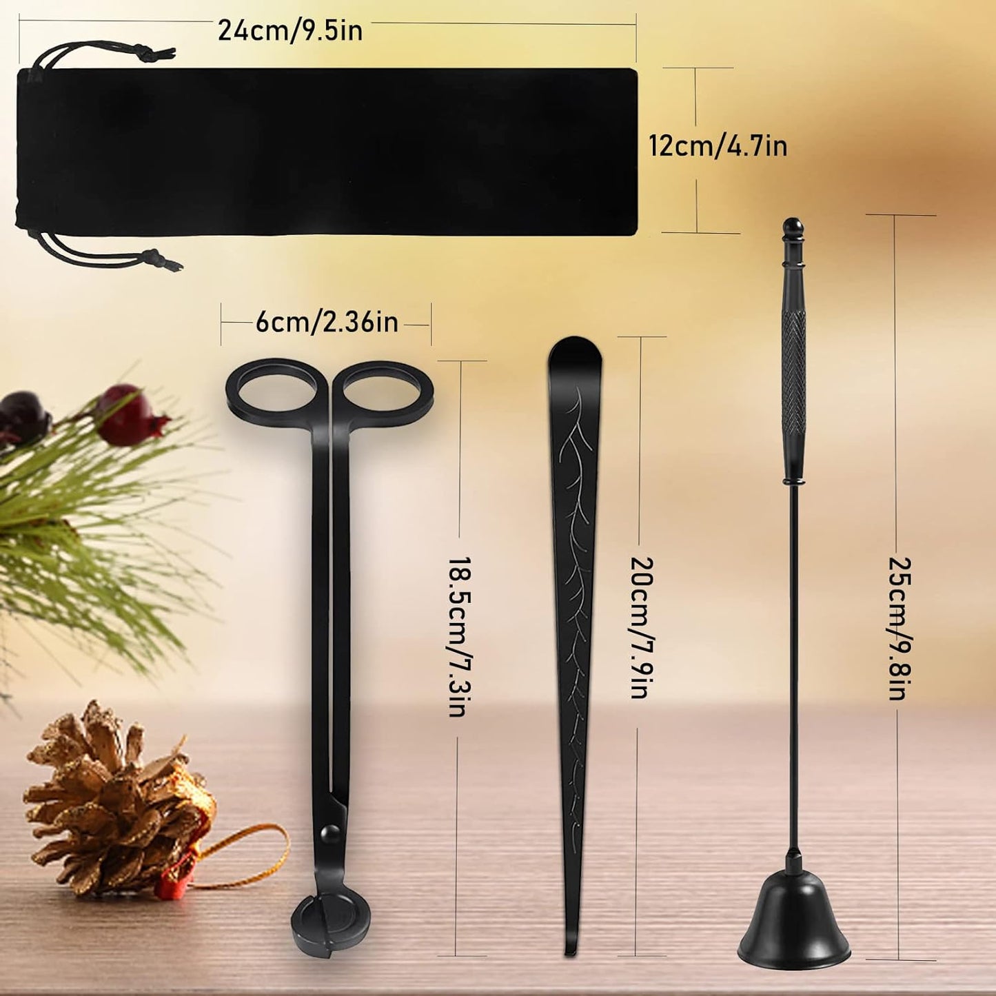 3 in 1 Candle Accessory Set, Candle Wick Trimmer Cutter, Candle Snuffer & Candle Wick Dipper for Candle Aromatherapy Lover Gift, Stainless Steel Candle Care Kit (Black)