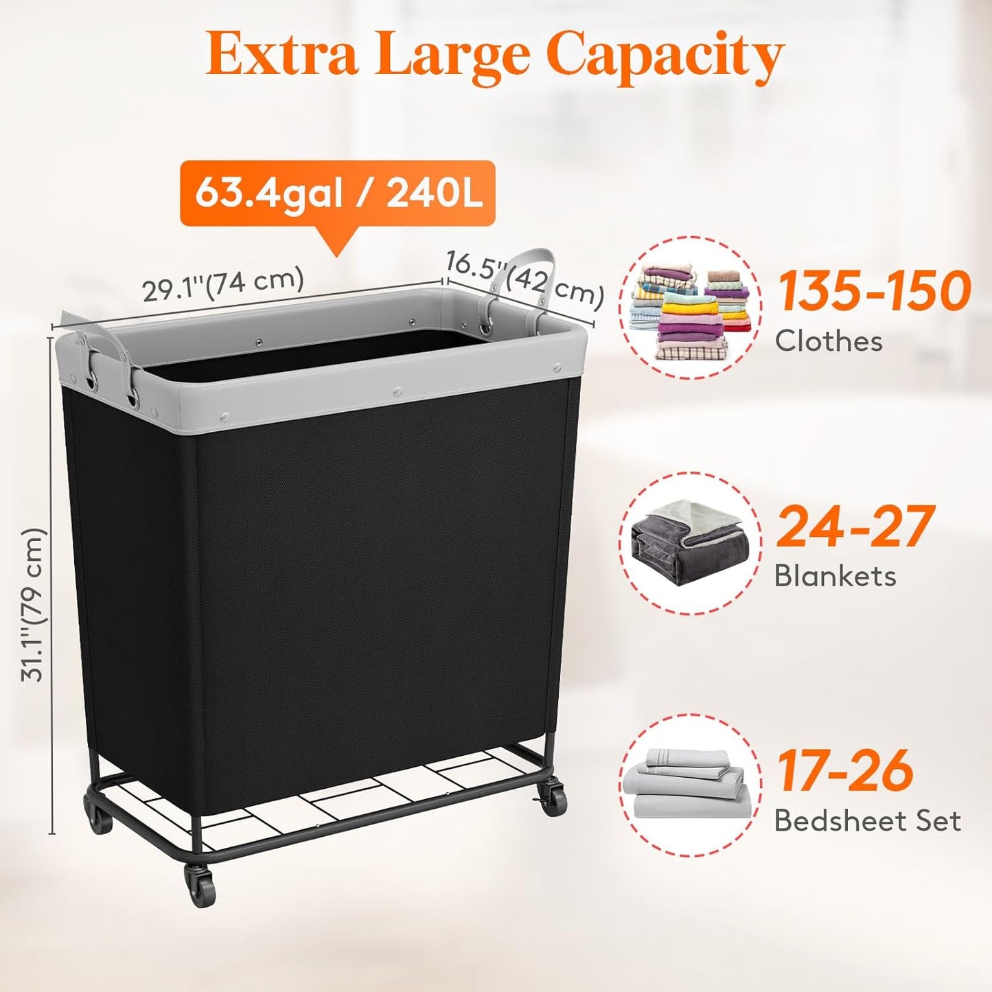 Lifewit 240L Laundry Basket with Wheels, Large Heavy Duty Commercial Rolling Laundry Hamper with Handles, Tall Steel Frame Laundry Cart for Laundry Room Bedroom Hotel Home Dorm, Black
