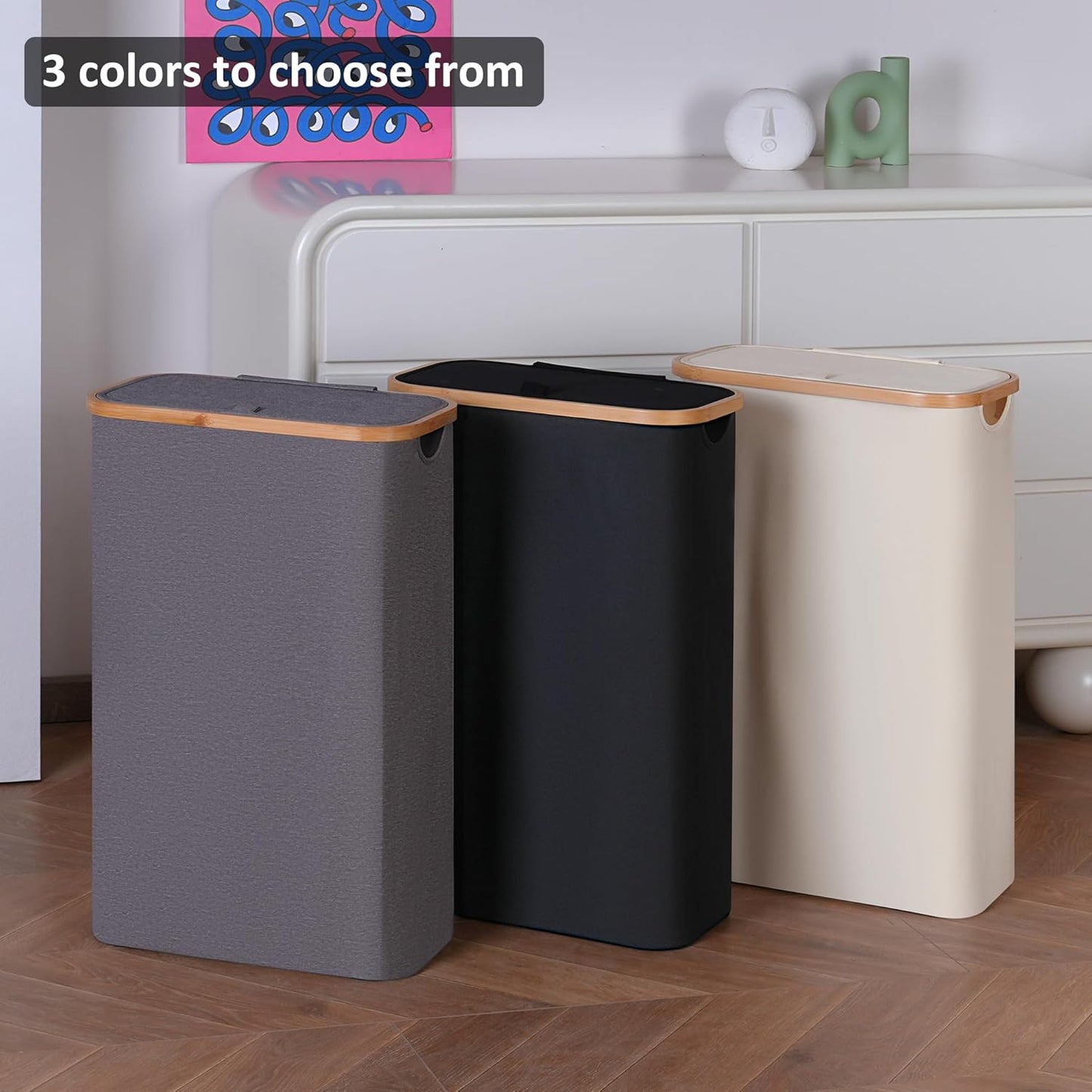 60L Slim Laundry Hamper,Laundry Basket with Lid,Tall Hamper for Laundry,Dirty Cloth Hamper with Bamboo Handle for Toys,Towels, Clothes Organizing,Black