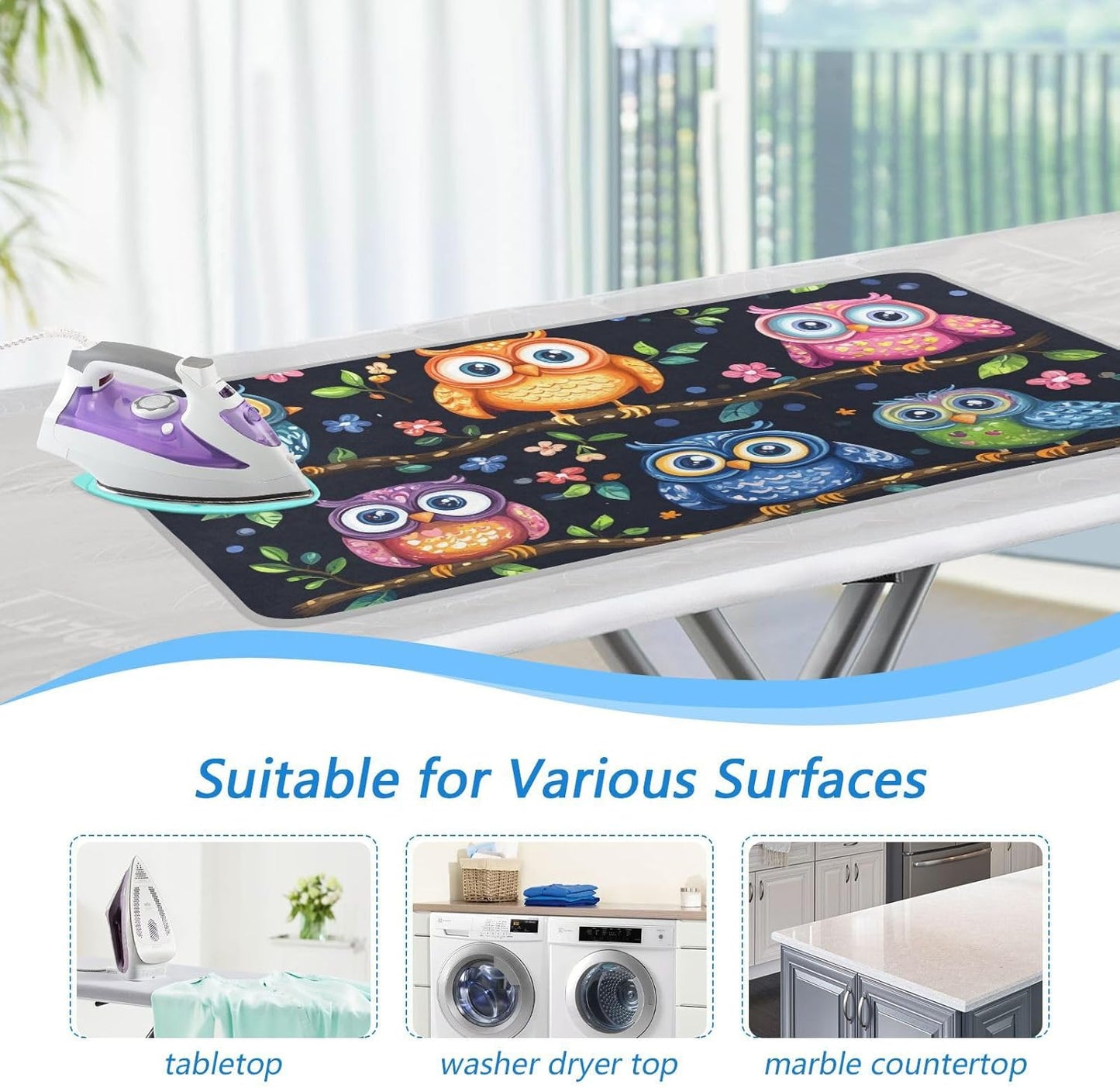 Ironing Mat Portable Ironing Pad Ironing Blanket for Table Top Heat Resistance Double-Side Using Travel Large 47.2 x 27.6 Inch Foldable Lightweight Vibrant Owls Branches Flowers Spring