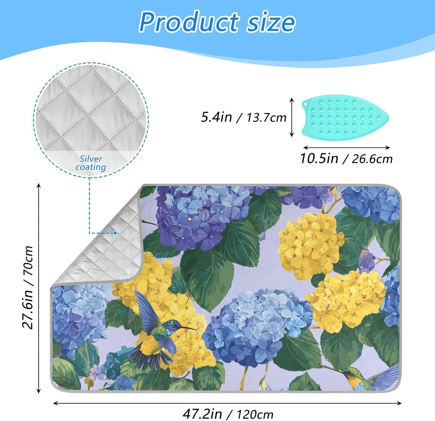 Ironing Mat Portable Ironing Pad Ironing Blanket for Table Top Heat Resistance Double-Side Using Travel Large 47.2 x 27.6 Inch Foldable Lightweight Blue Hydrangeas Hummingbirds