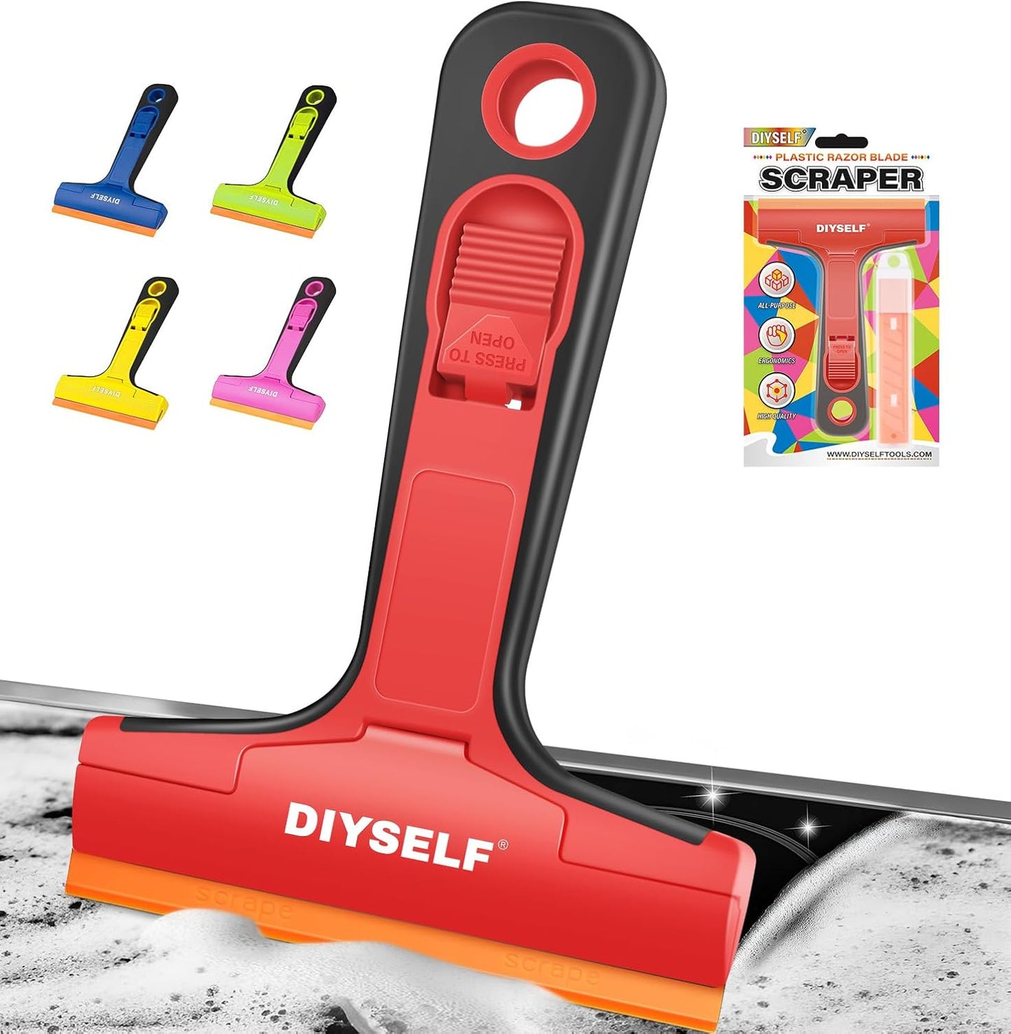DIYSELF-Razor-Blade-Scraper, 1 Pack Razor Blade Scraper, Extra 5 PCS Orange Plastic Blades, Razor Blade Scraper Tool for Cleaning, Glass Scraper for Windows, Razor Scraper Tool for Car, Cooktop