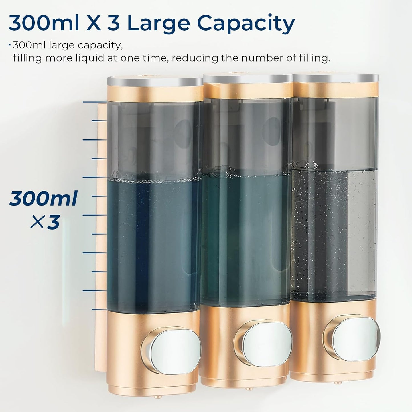 pollock Shampoo Conditioner Dispenser Shower Soap Dispenser 3 Chamber No Drill Shampoo Dispenser for Shower Wall Mounted Shampoo Conditioner Body Wash Dispenser for Bathroom Hotel Gold