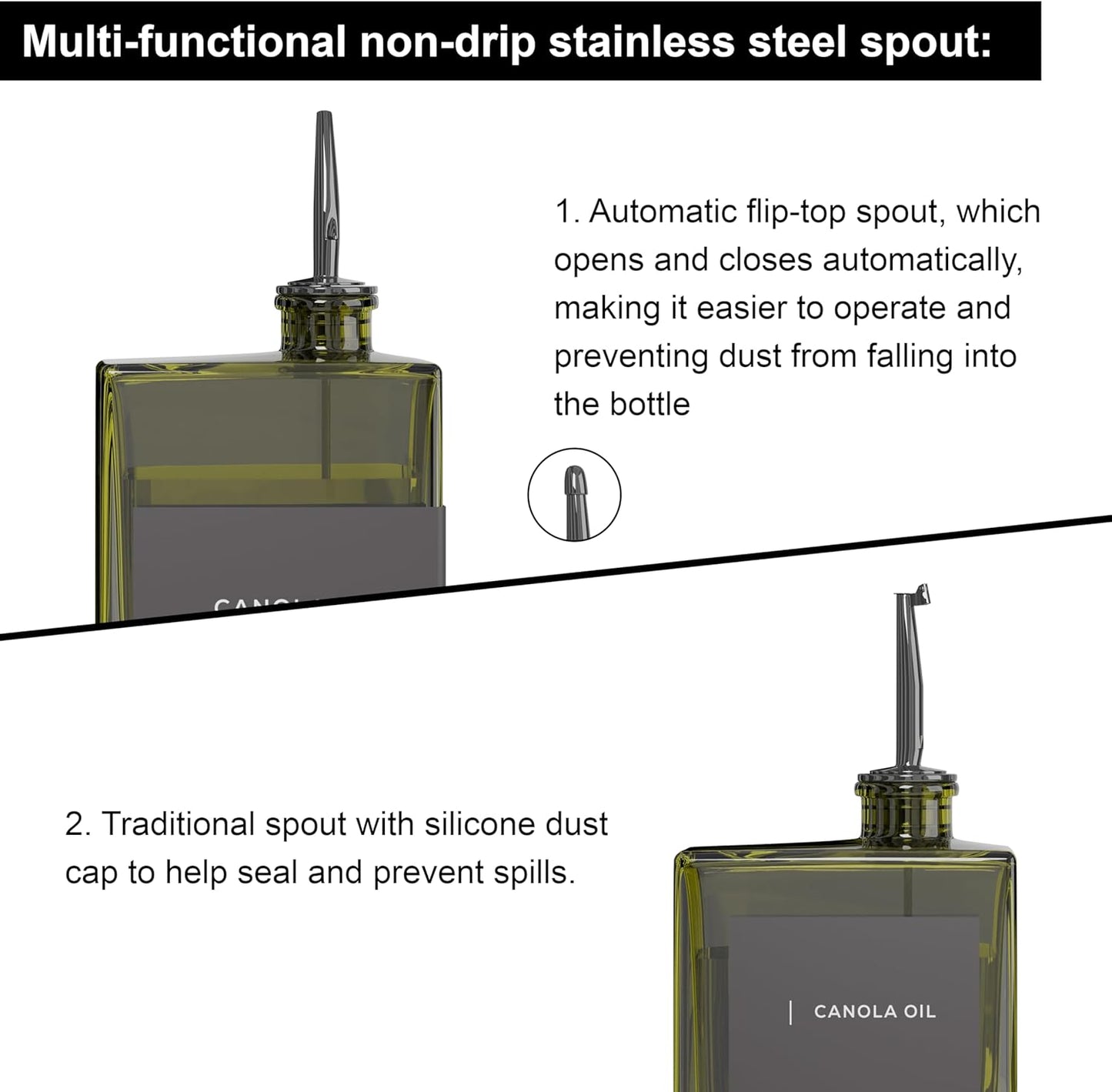 Olive Oil Dispenser for Kitchen, 16.9 oz/ 500 ml Olive Oil Dispenser Bottle, Glass Oil Bottles for Kitchen with 8 Stainless Steel Pourers, 40 Labels, 4 Pcs, Green